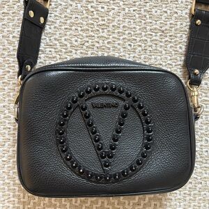Valentino Black Crossbody Bag with Circular Logo and Textured Finish